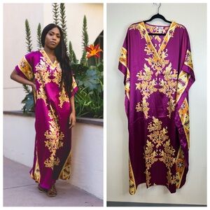 Winlar Vibrant Purple Yellow Floral Kaftan Satin Queen Boho Hippie Beachy Royal